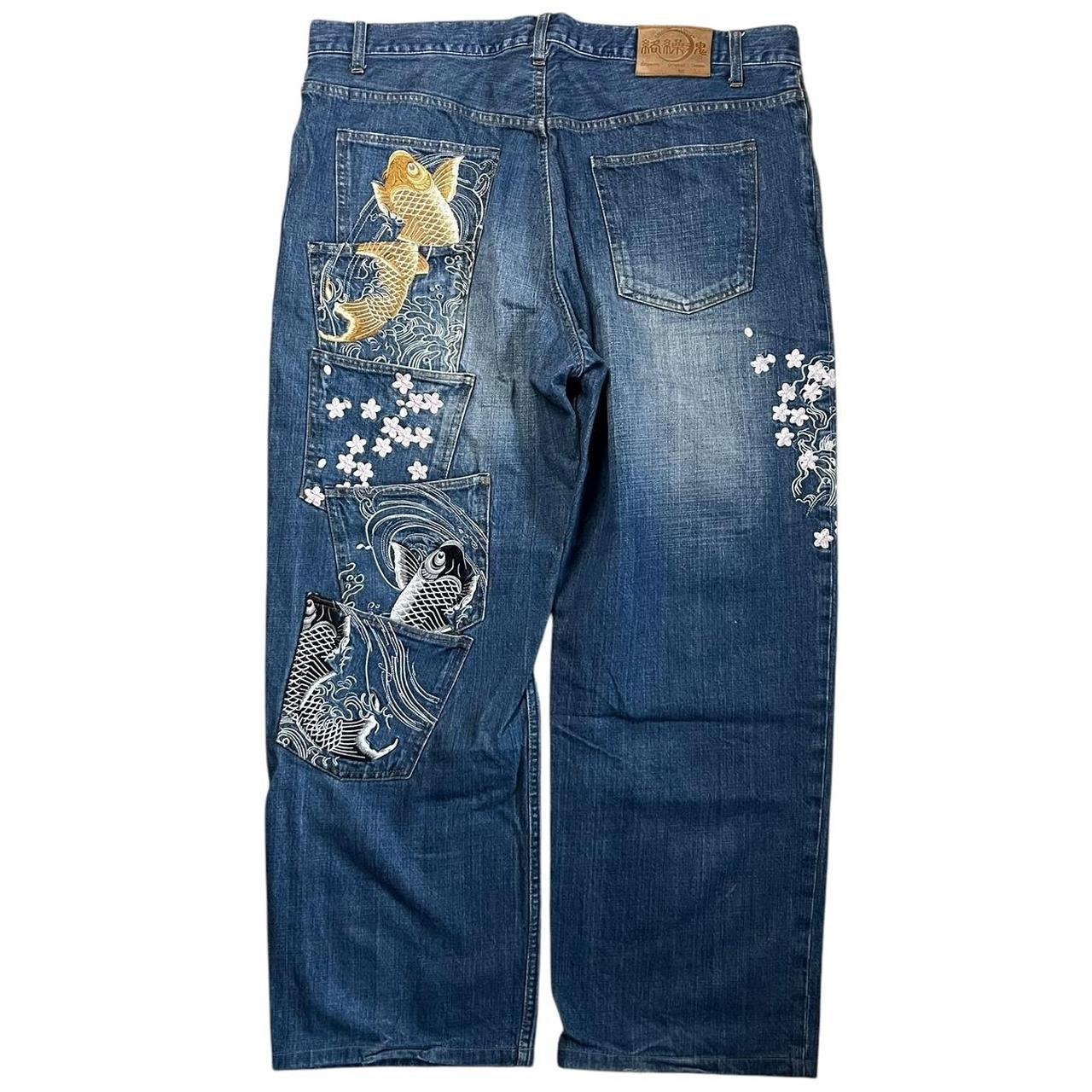 Authentic Karakuri Embroidery Multi-pocket Koi Fish Jeans