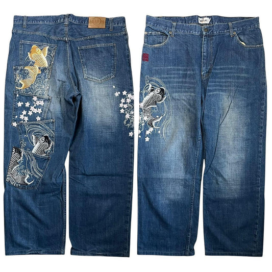 Authentic Karakuri Embroidery Multi-pocket  Koi Fish Jeans